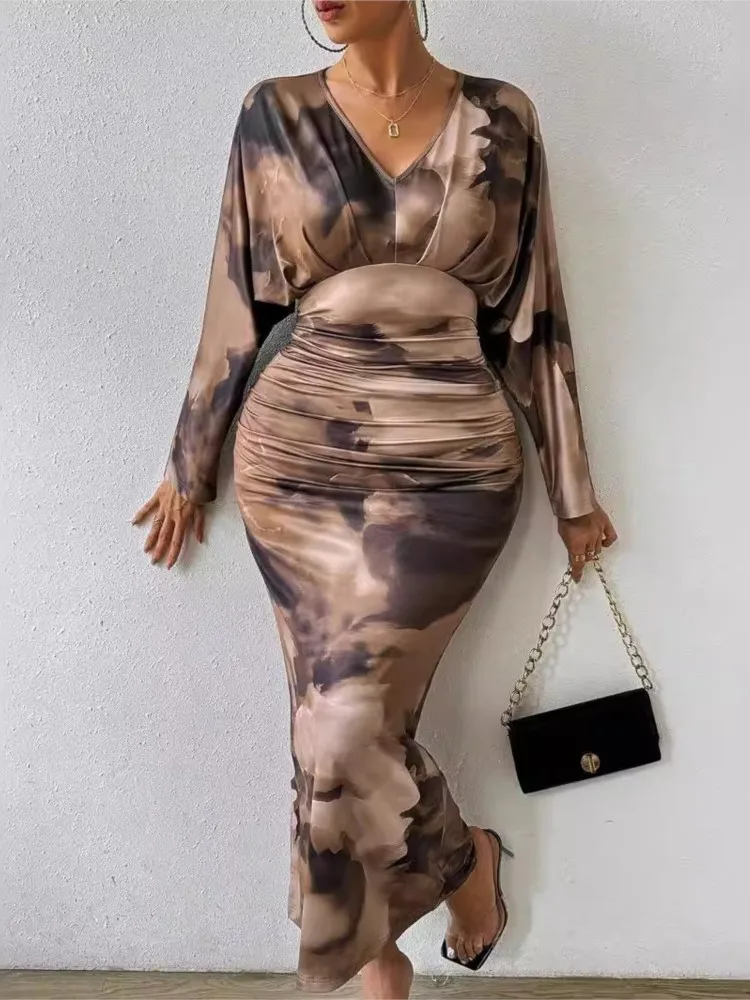 

Women's Leisure Print Maxi Dresses Retro Casual Long Sleeve V Collar Slim Fit Summer Spring Dresses Vintage Office Lady Vestidos