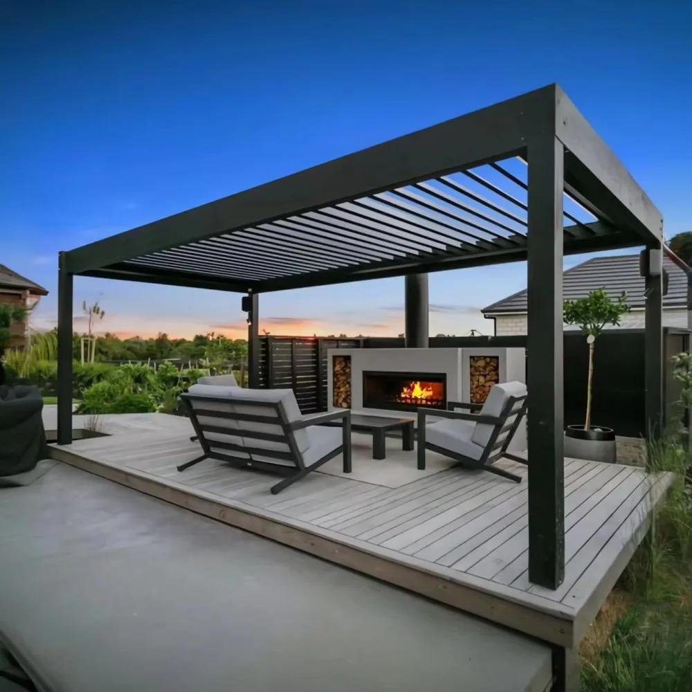 Custom Outdoor Aluminum Pergola for Villa Garden, Motorized Adjustable Louver Waterproof Gazebo for Courtyard Patio Use