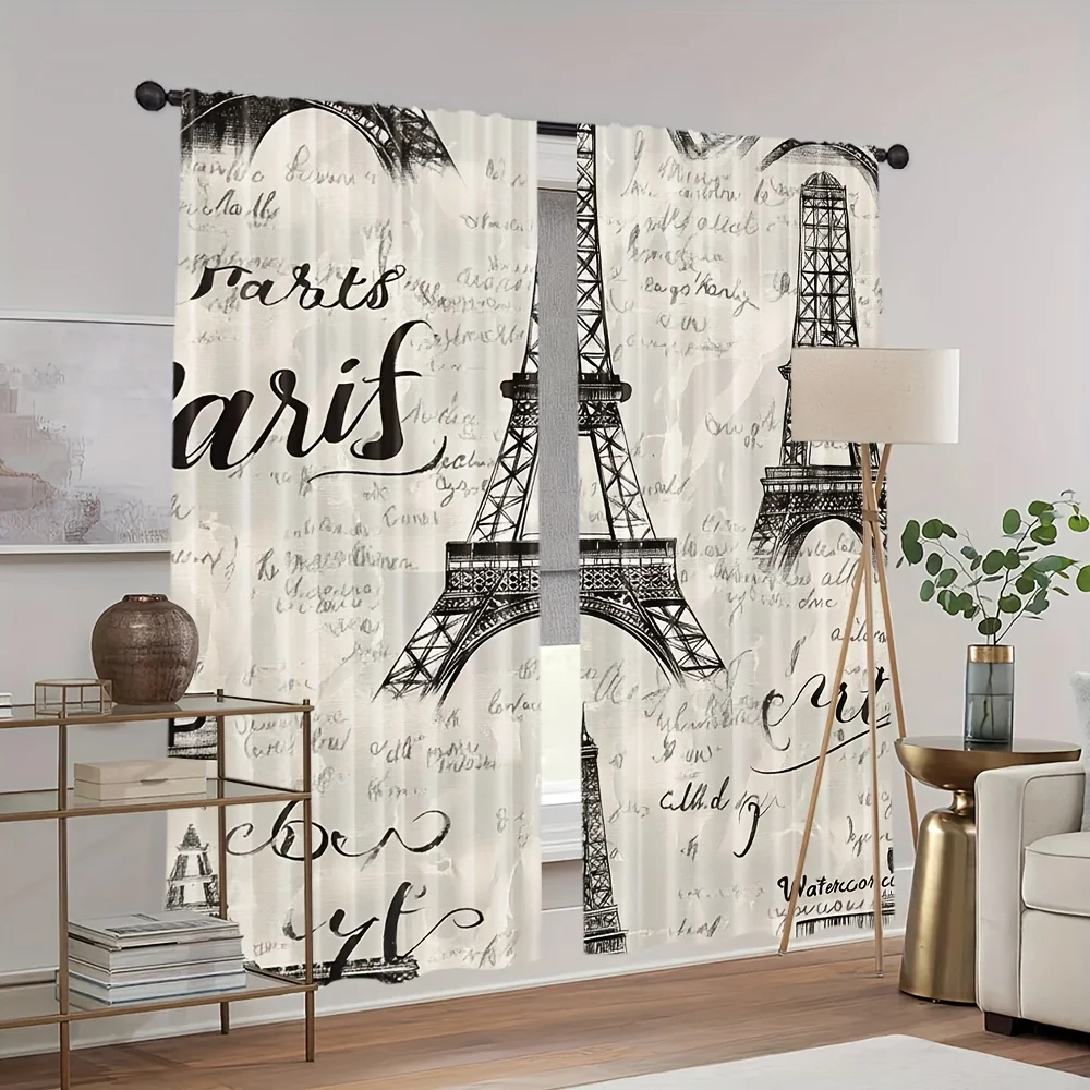 2pcs Eiffel Tower Paris Curtains Vintage Script Print Blackout Drape Living Room Bedroom Window Treatment Home Decor