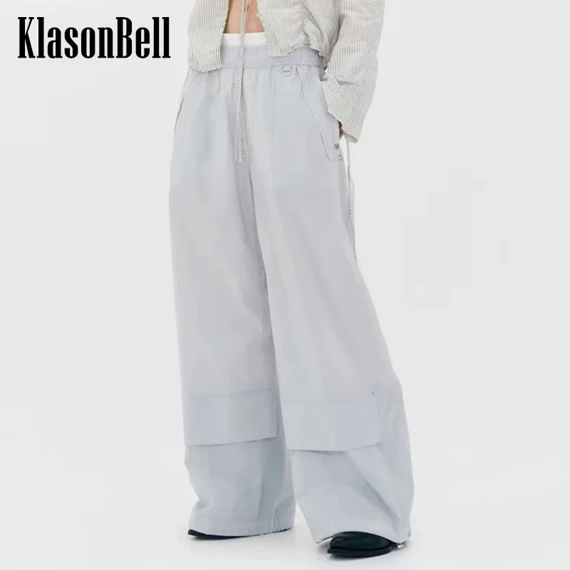 

7.5 KlasonBell Women Fashion Elastic Waist Loose Cargo Pants Zipper Pocket Hem Drawstring Adjustable Casual Trousers