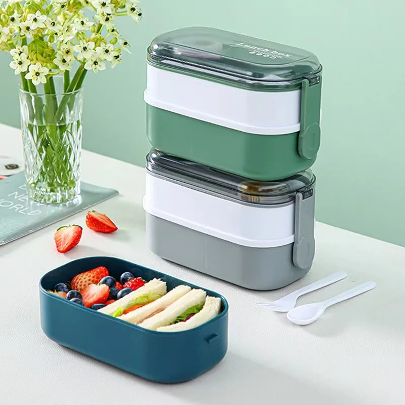 

1pc 1000ml Double-layer Lunch Box Portable Compartment Food Box Microwave Lunch Box With Fork Chopsticks And Spoon Picnic Fresh