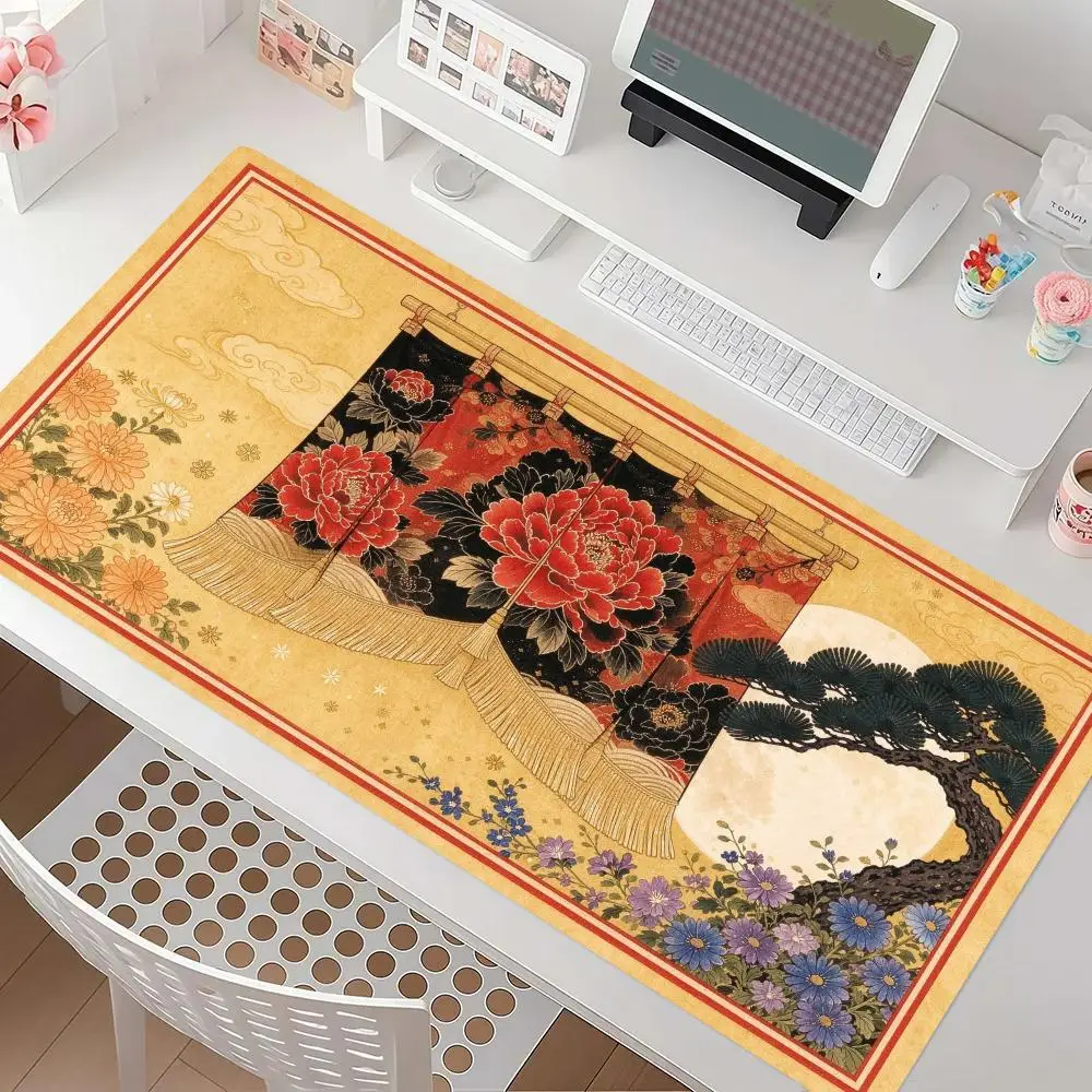 Gold Base Red Flower Pine Mouse Pad Thick Rubber Large Size For Luxury Office Use
