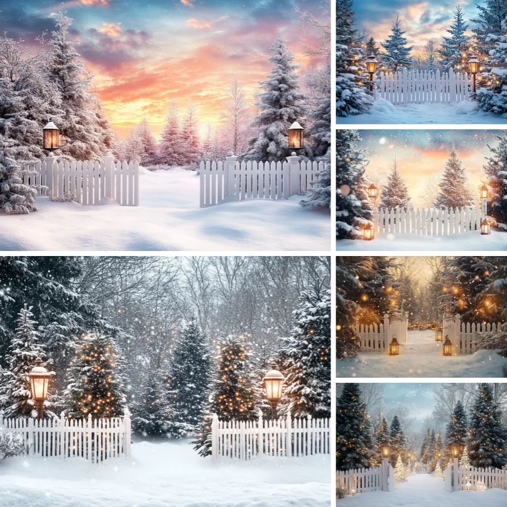 

Winter Christmas Background Custom Outdoor Snowflake Pine Trees Wooden Fence Portrait Photography Backdrop Photo Studio