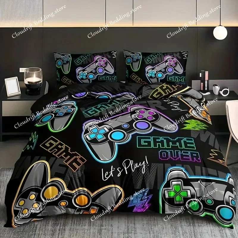 Gaming Gamer Comforter Covers Set Twin Size, Video Games Bedding Set For Kids,Teens,Modern Boys Cartoon Gamepad Duvet Cover Sets