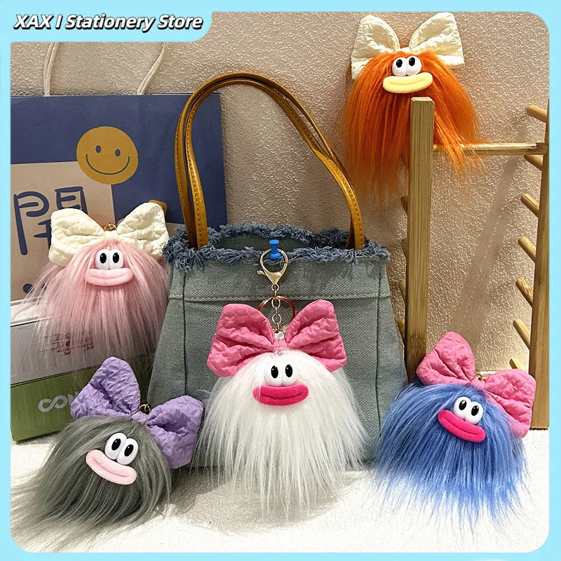 

Ugly Cute Plush Doll Keychain With Bow, Funny Cartoon Backpack Charm For Purse Zipper Keys, Novelty Bizarre Gift
