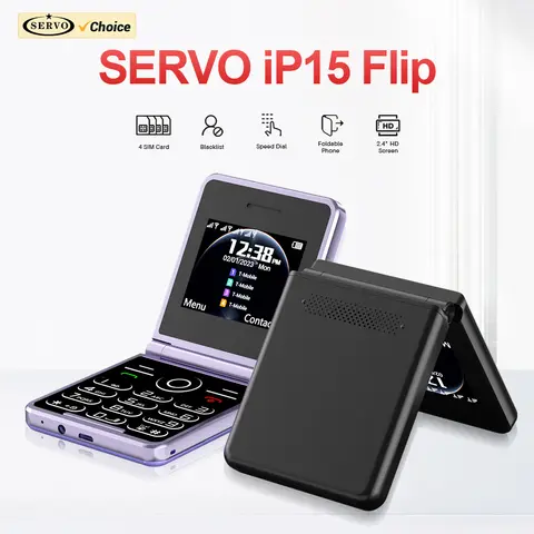 SERVO iP15Flip 4 SIM Cards Cellphone GSM MP3 Speed Dial Radio Blacklist Call Reccording 2.4‘’Display Fold Features Mobile Phones