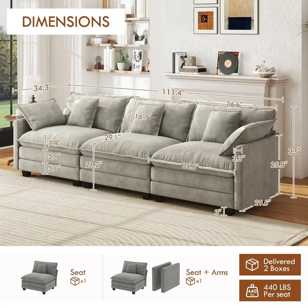 

111.4 Cloud Couch, Modular Sectional Sofa, Comfy Modern 3Seater Couches with Pillows amp holstered Deep Seat Cushion for Apar