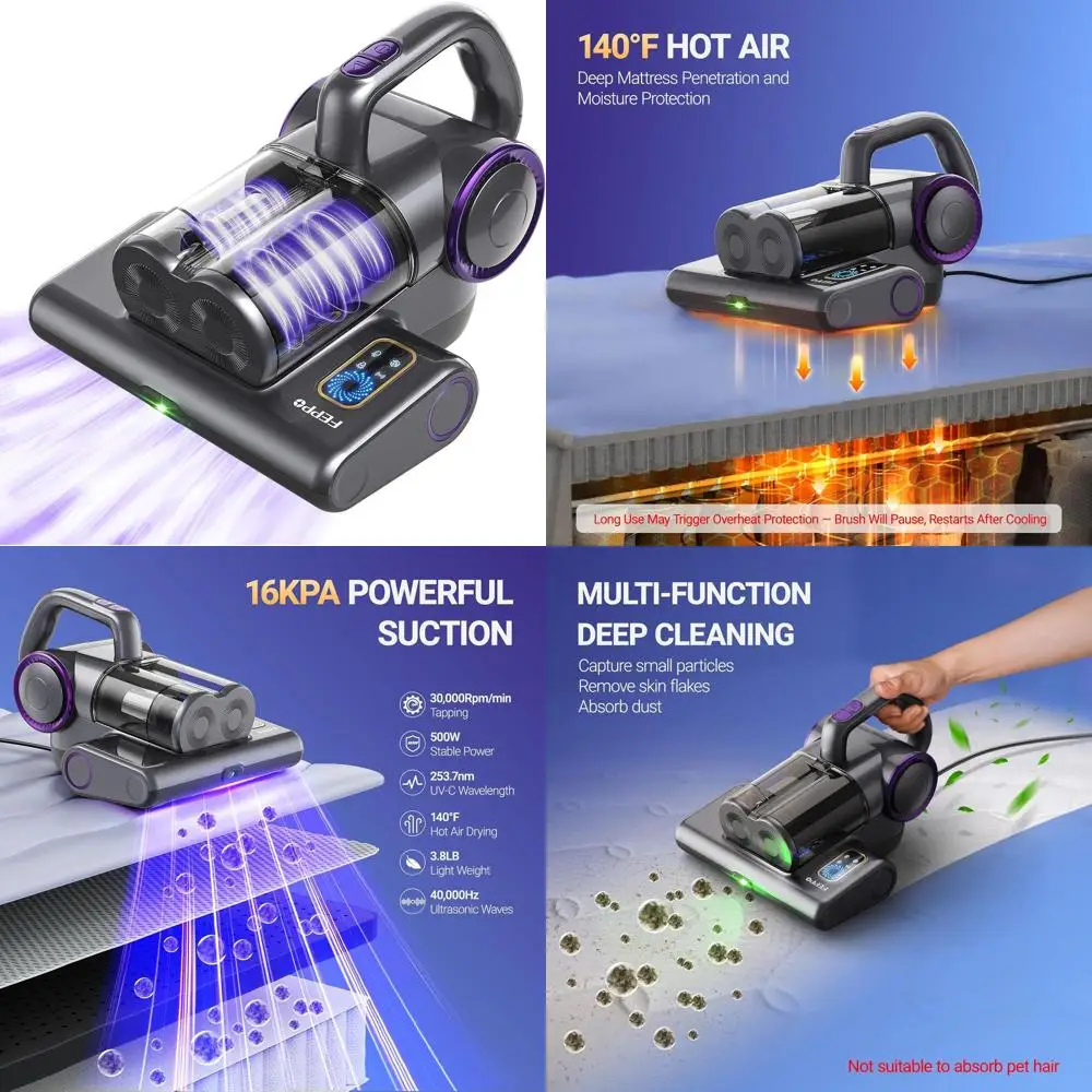 16Kpa UV-C Bed Vacuum Cleaner with HEPA Filter, 140° Heat, Corded 500W for Bed, Sofa, Crib