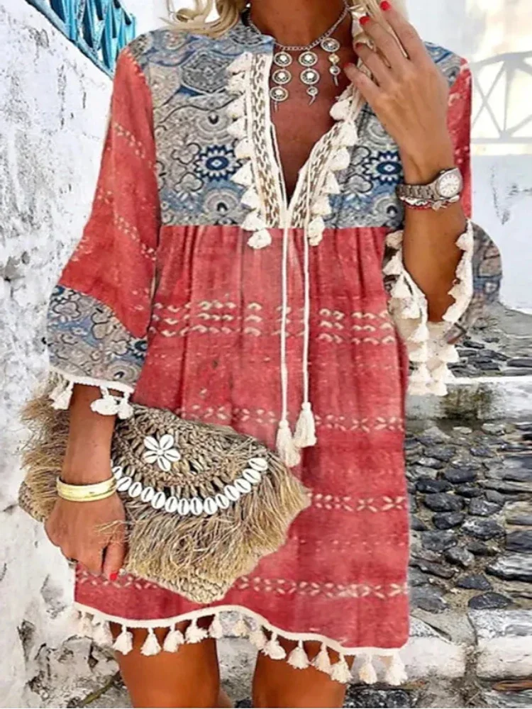 Allover Geometric Print Tassel Decor Bell Sleeve Dress Women Elegant Summer Y2k Vestido Beach Vacation Boho Summer Sweet Boho