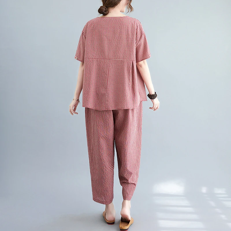 Modny zestaw z bawełny i lnu z elastyczną talią, spodnie typu harlan o długości 7/8, duży rozmiar, damski zestaw dwuczęściowy lub spódnica.