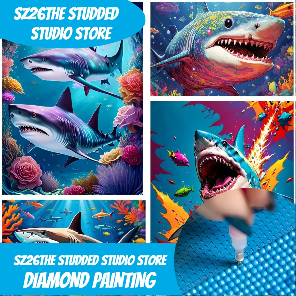 Sz26 Broderie diamant à points de croix, motif requin marin, pour décoration maison, plage, thème marin, avec strass, style bricolage