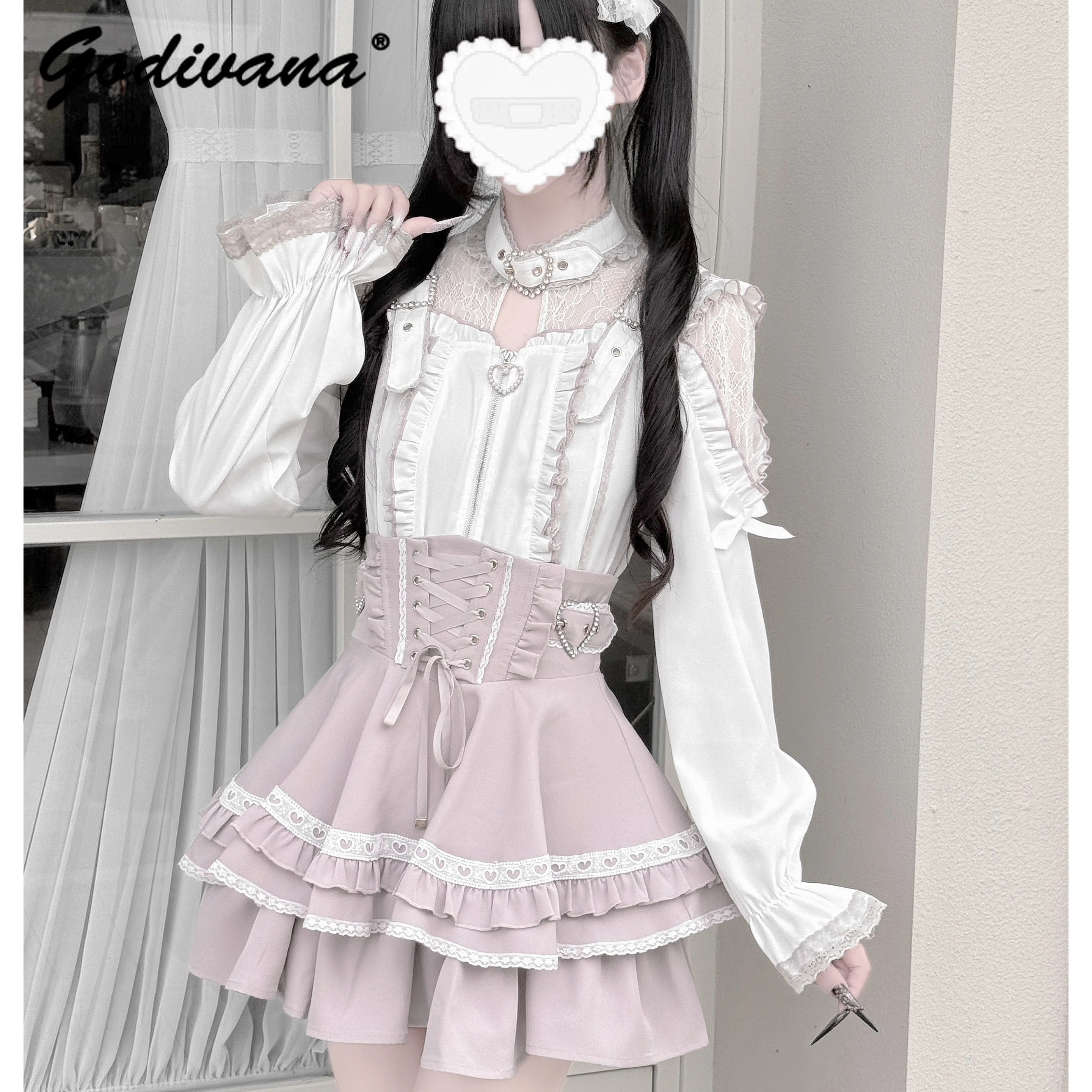 

Комплект из 2 предметов: блузка и юбка в стиле Лолита для девочек, весна-осень, новинка, с длинным рукавом, кружевом, стразами и пряжкой, милый дизайн