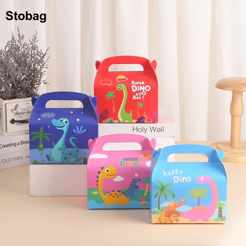 

StoBag 12/24pcs Cartoon Dinosaur Kraft paper Gift Tote Box Kids Children Packaging Cake Candy Storage Baking Pouch Party Favor