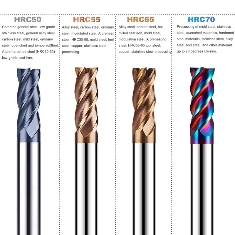 Azzkor Tungstênio Aço Carboneto Fresagem Ferramentas Cortador, Nano Revestimento, Endmills Flate, CNC Usinagem Mecânica, 4-Flauta, HRC50, 55, 65, 70