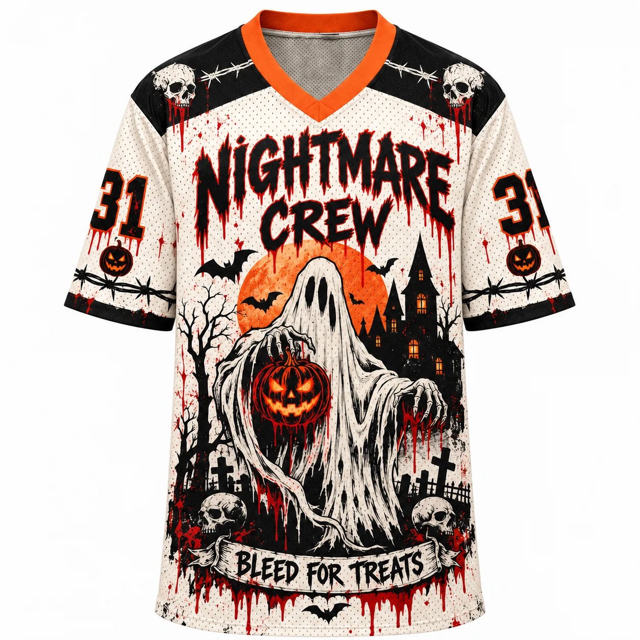 Halloween Nightmare Crew 31 Mesh Jersey, Bleed For Treats Ghost V‑Neck Short Sleeve, Horror Pumpkin Skull Oversized Party Top