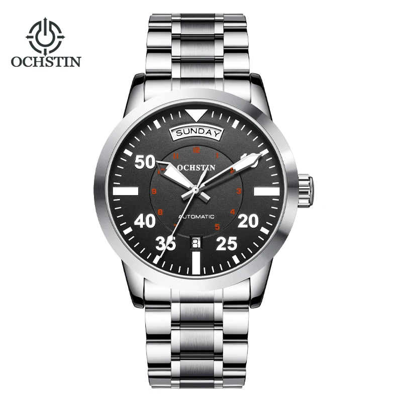 

OCHSTIN Men Pilot Watch Automatic Mechanical Auto Date Day Male Business Dress Wristwatch Stainless Steel Band Push Button Clasp