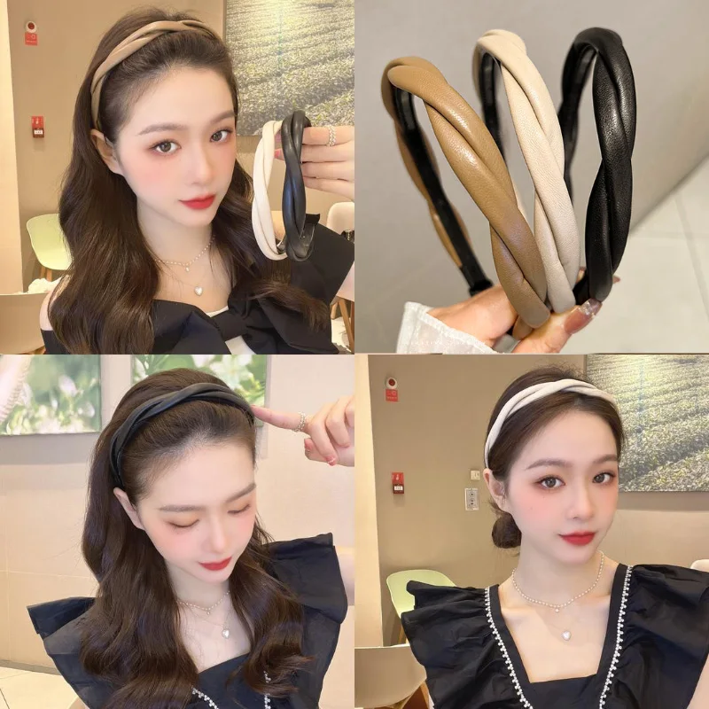 New Fashion Women Headband PU Leather Hairban Hair Hoop Twisted Braided Non-Slip Headwear Girls Vintage Turban Hair Accessories image 2