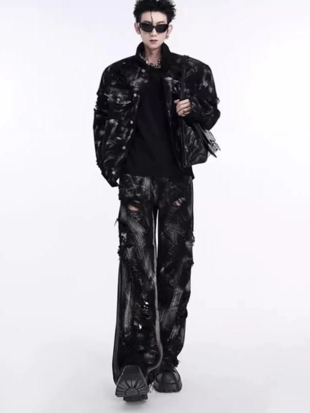 Washed Denim Jacket And Jeans Set for Men Street Graffiti Style Spring Autumn Cotton Blend Long Sleeve Youth Fashion