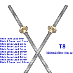 304 Stainless Steel T8 Lead Screw Stepper Motor Lead2mm 4mm 8mm 3D Printer Lead Screw Trapezoidal Lead Screw with Nut 100-550mm