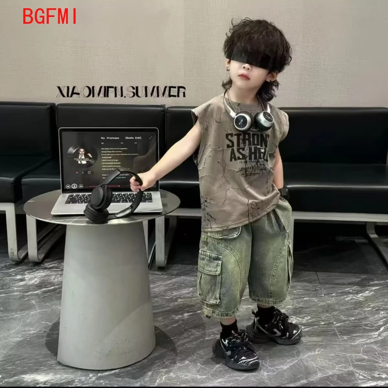 

2-11Y Kids Boy New Outfit Set Korean Children's Summer Clothing Denim Shorts +Thin Tie Dye Vest Sleeveless T-shirt 2-piece Set