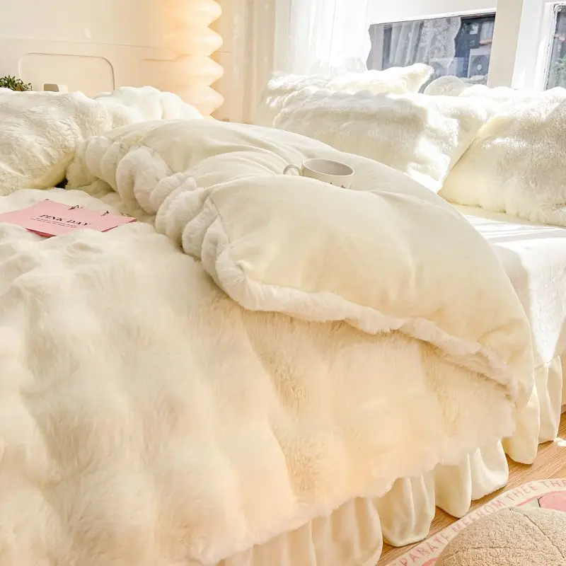 Double-sided Milk Plush Coral Plush Flannel Bed Set Class A Thickened Rabbit Plush Quilt Cover Pillowcase Sheet Four-piece Set