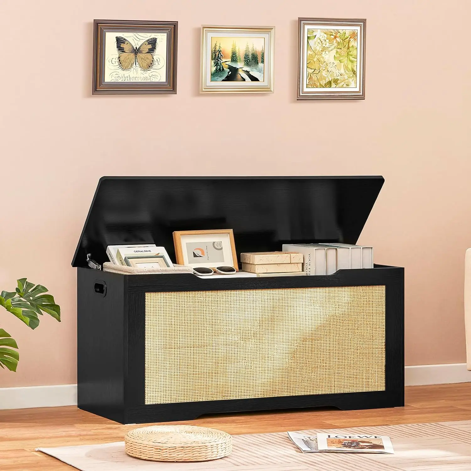 Storage Chest with Rattan, Wooden Storage Bench with 2 Safety Hinges, Lift Top Storage Box with Gel Bumpers,