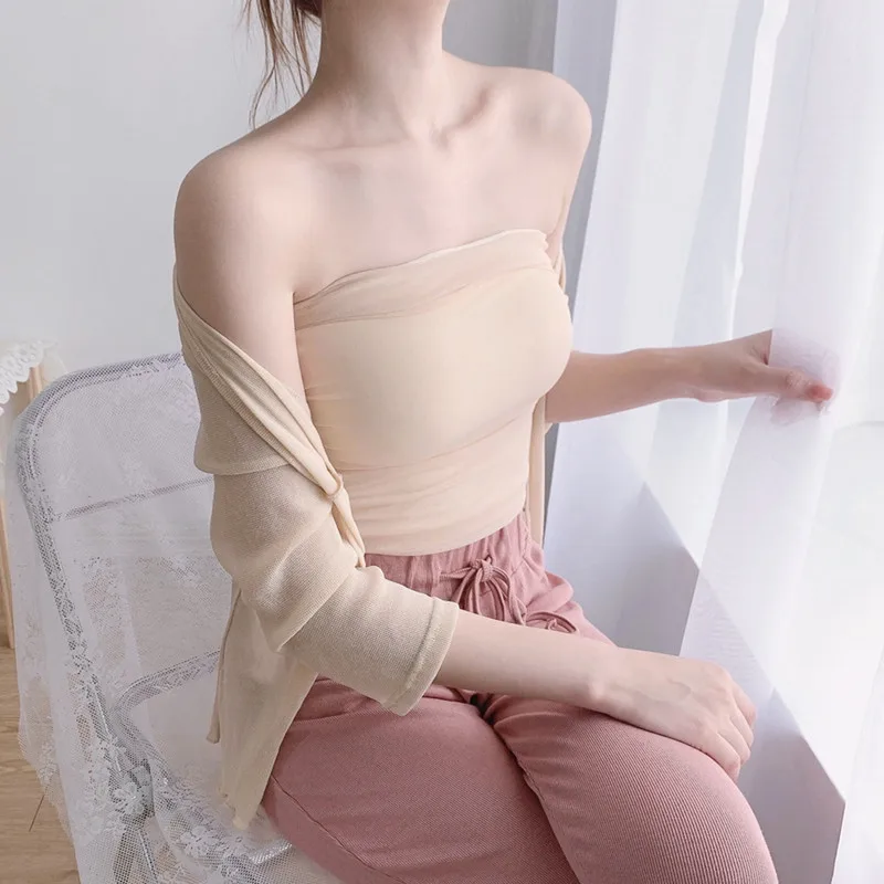 Sexy Short Korean Style Mesh Tube Top Women's Summer Fashion Anti-Light Walking Hot Girl Pure Color Commute Style Blouse