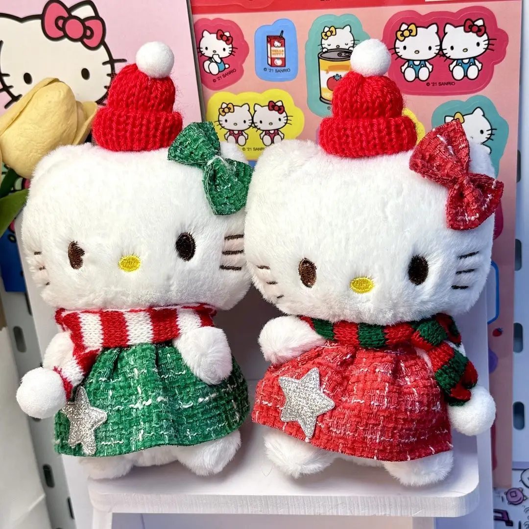 ใหม่คริสต์มาส Hello Kitty Plush พวงกุญแจของแท้ Miniso คู่ Plushies จี้ตุ๊กตา Kawaii กระเป๋าเป้สะพายหลังตกแต่งคริสต์มาสของขวัญ