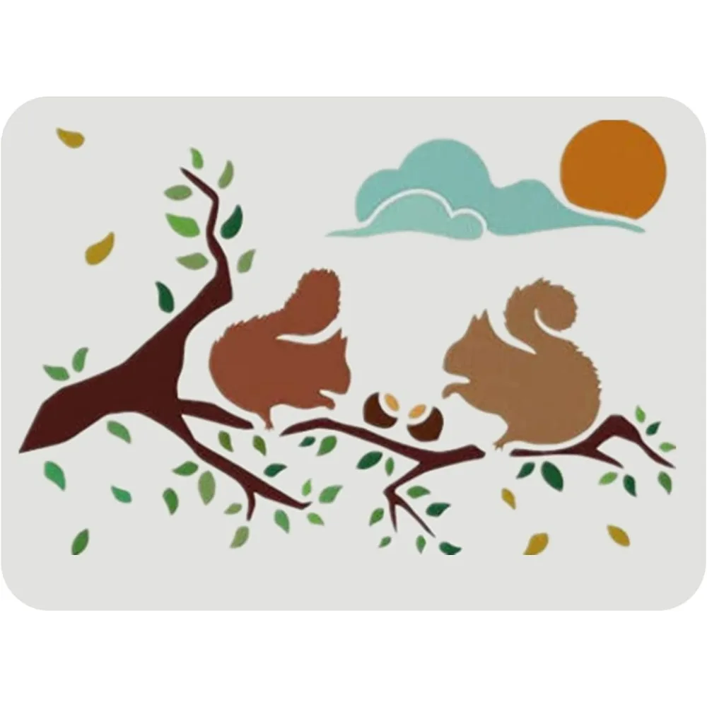 Squirrel Stencil Template 11.7x8.3 inch Squirrel Nut Stencil Plastic Sun Cloud Pattern Stencil Reusable Leaves Branch Drawing