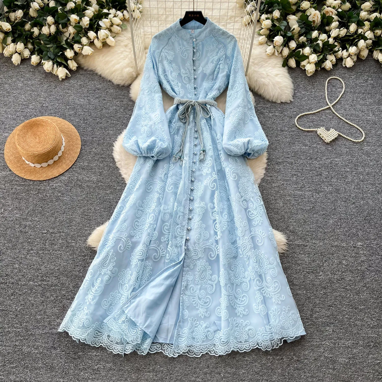 

Women Long Dress Dresses A Line Vestidos Lace Stand Collar Y2k Streetwear Lantern Sleeve Elegant Tight Waist Party Night 2026