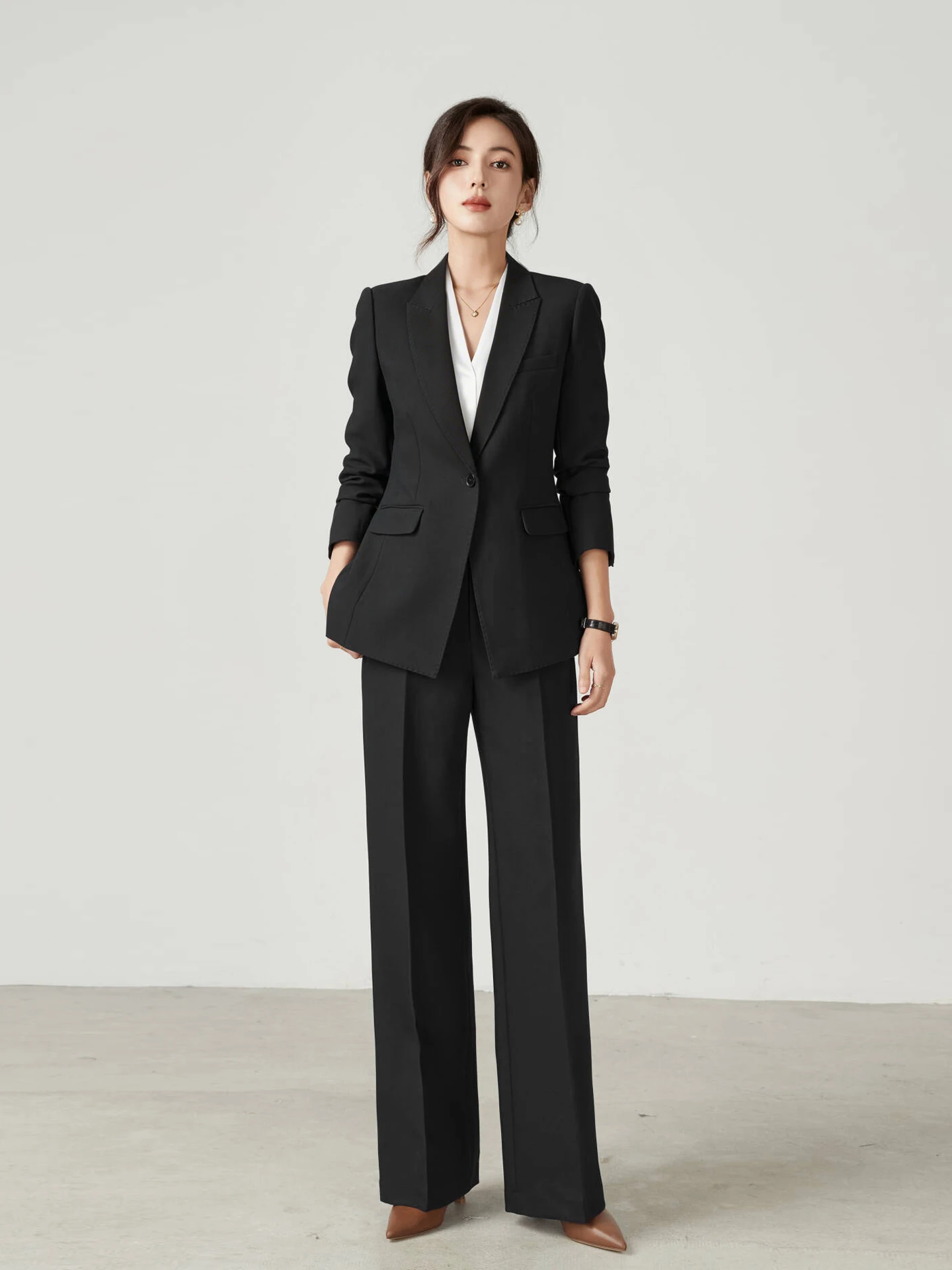 Spring Autumn New Black Slim Fit One Button Pure Color Suit for Women Workplace Interview Top Coat Straight Leg Pants Set