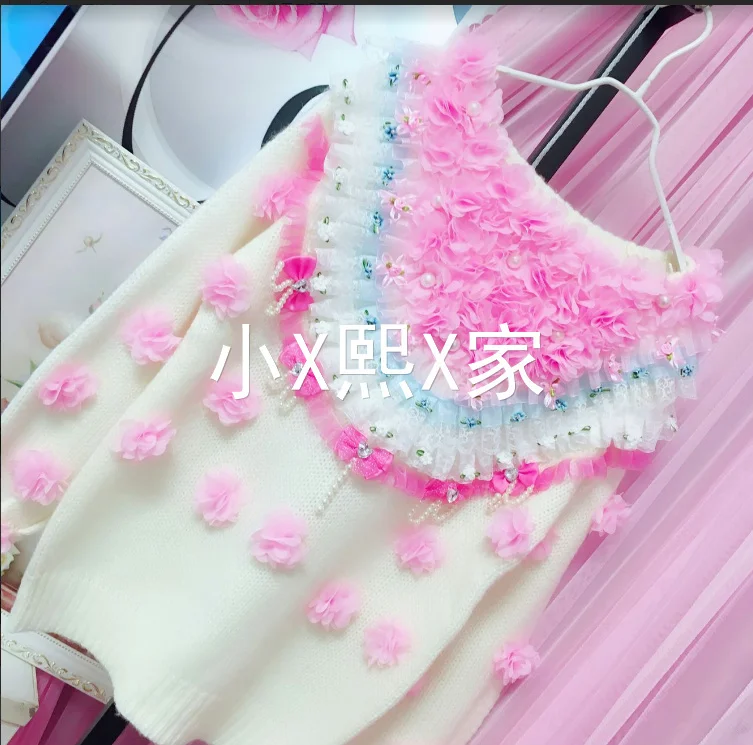 

Sweater Beads Long Sleeve Handmade Crochet Flower Cherry Knitted Top Woman Fashion All-Match Pearls Pink Sweaters Coat for Women