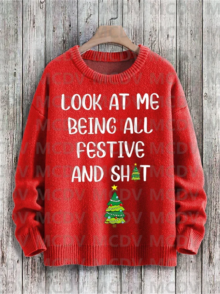 

Christmas Cute Santa Chestnuts Roasting On An Open Fire Art Pattern Print Casual Knit Pullover Sweater