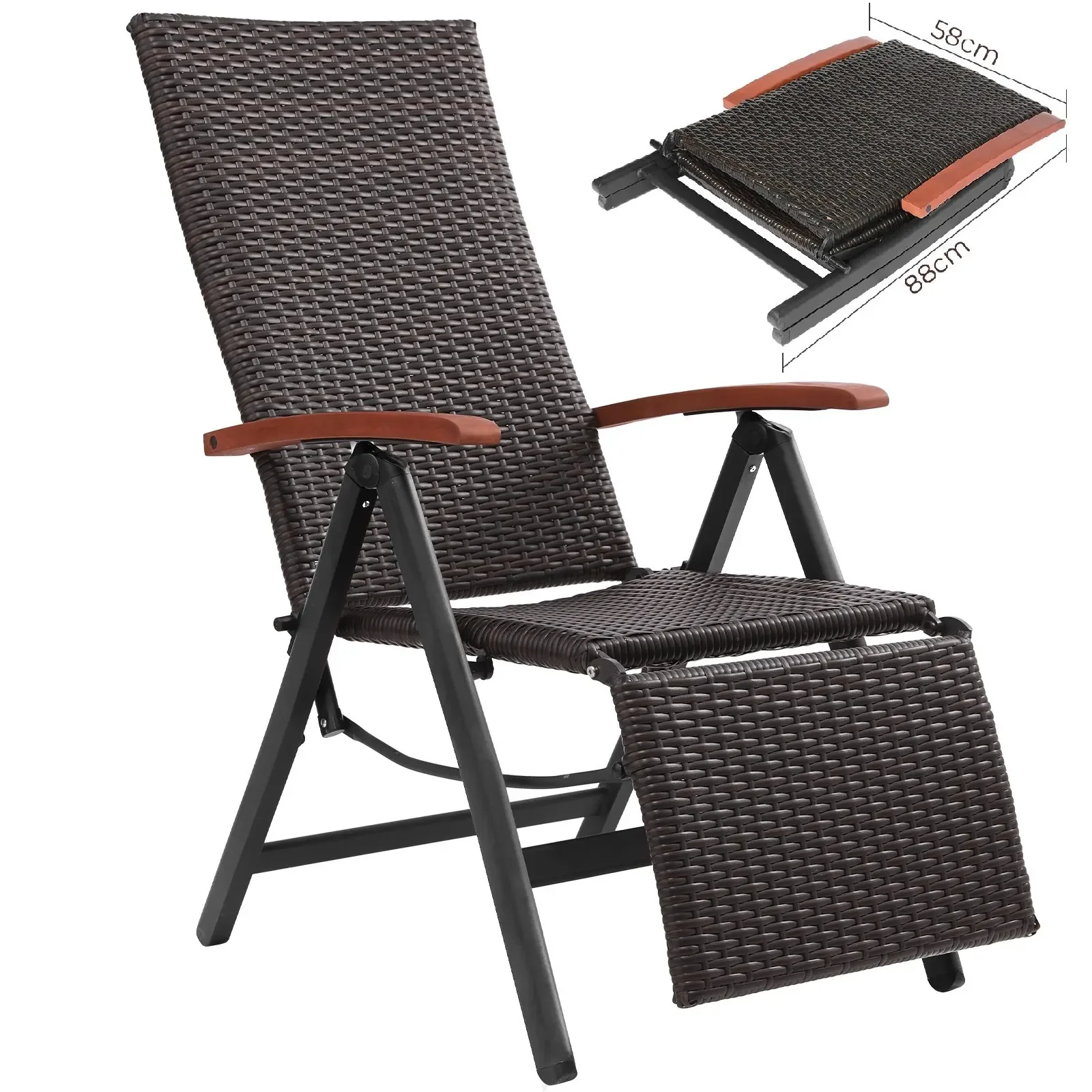 Folding Patio Chair, Garden Chair Lounge Rattan Adjustable 7-Level Lounger with Armrests Wide & Footrest, Portable Wicker Chair