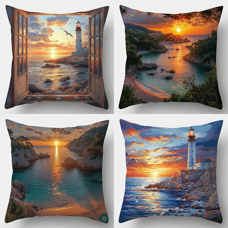 4-piece Coast Sunset pillowcase set, featuring patterns of beach, waves, shells, and turtles, living room sofa decoration