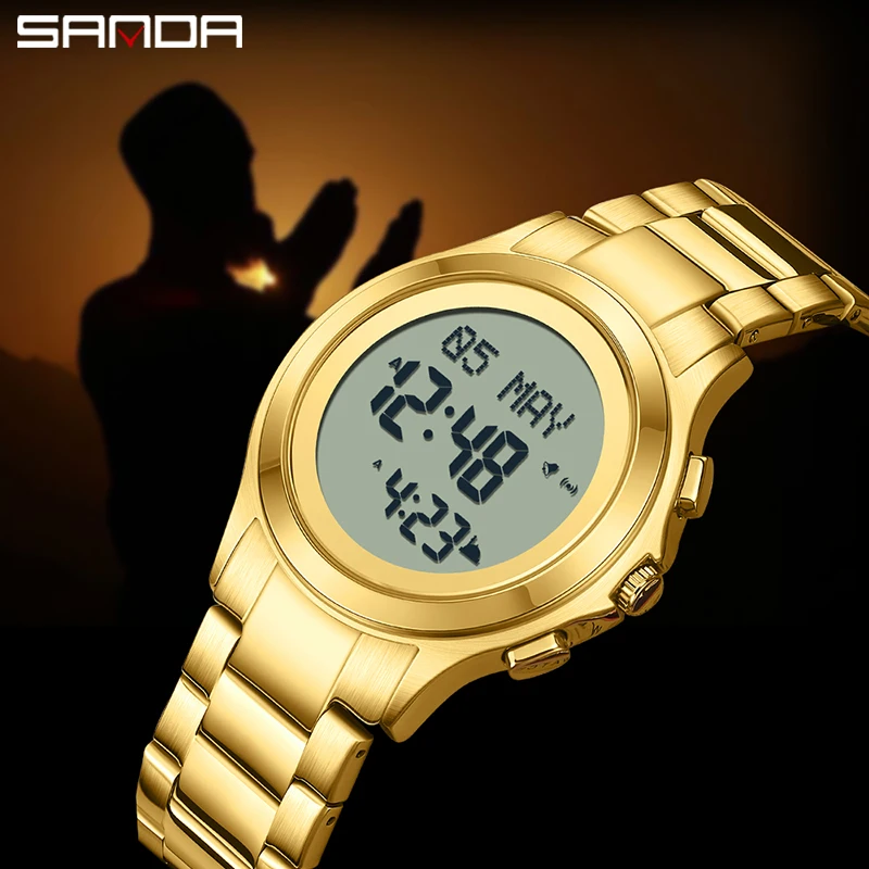 SANDA 6169 Luxury Stainless Steel Strap Men Electronic Watches Fashion Round Square Luminous Waterproof LED Digital Male Watch