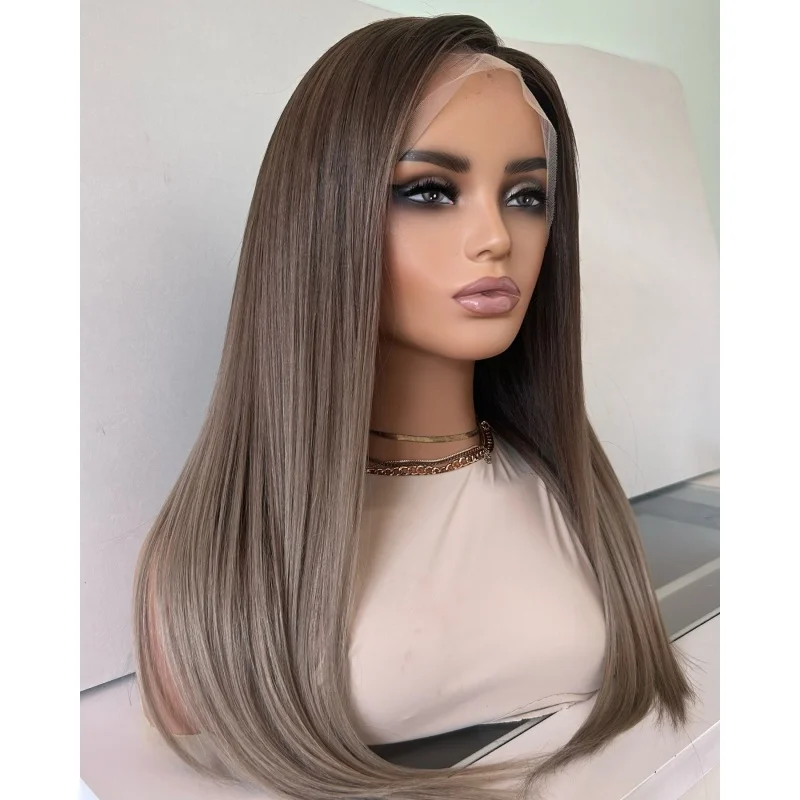 Parrucca sintetica in fibra premium Ombre marrone cenere diritta 13x4 parrucca anteriore in pizzo per le donne uso quotidiano densità 180%