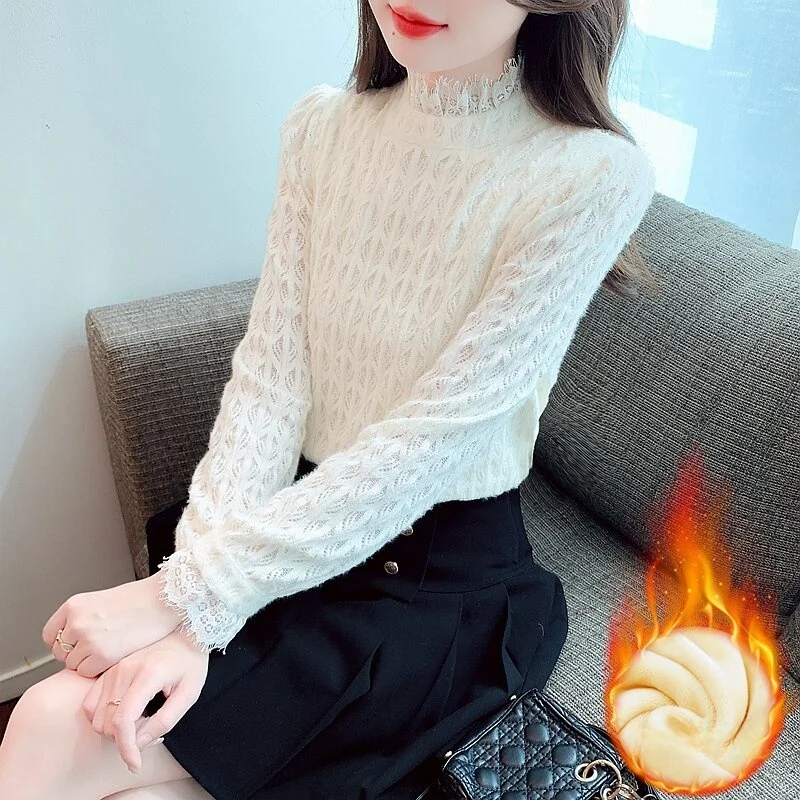 

Lace Base Layer Shirt Women's Autumn Winter Fashion Half High Collar Fleece Lined Inner Wear Top Korean Style Bubble Sleeve