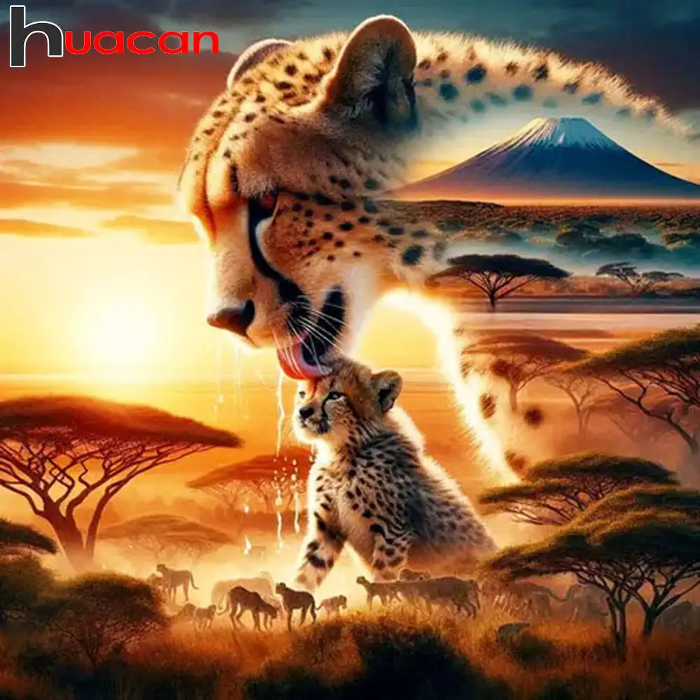Huacan Leoparden-Tier-Diamantgemälde, Sonnenuntergang, Landschaft, Diamant-Mosaik, neue Kollektion 2025, Bild von Strasssteinen