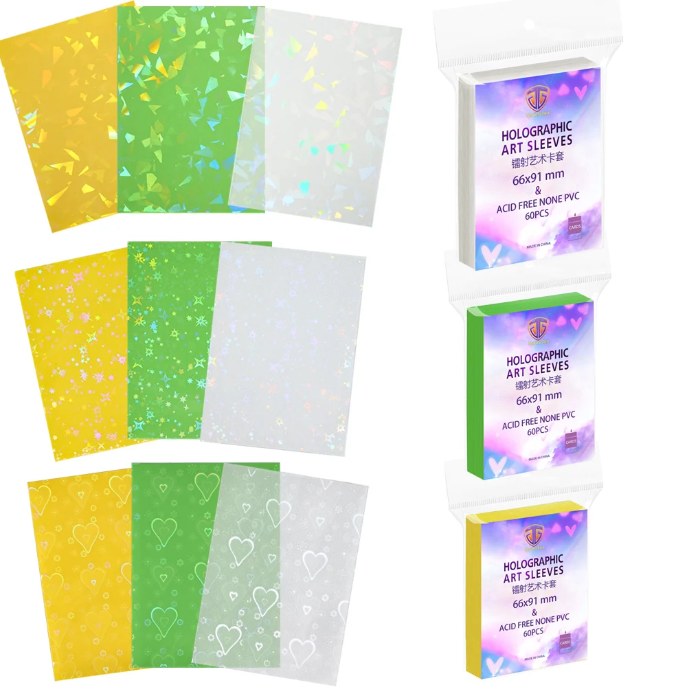 60 Stück 66x91mm holografische (Glasbruch-/Herz-/Sternförmige) Kartenhüllen, perfekte Standardgröße für PKM/TCG/MGT
