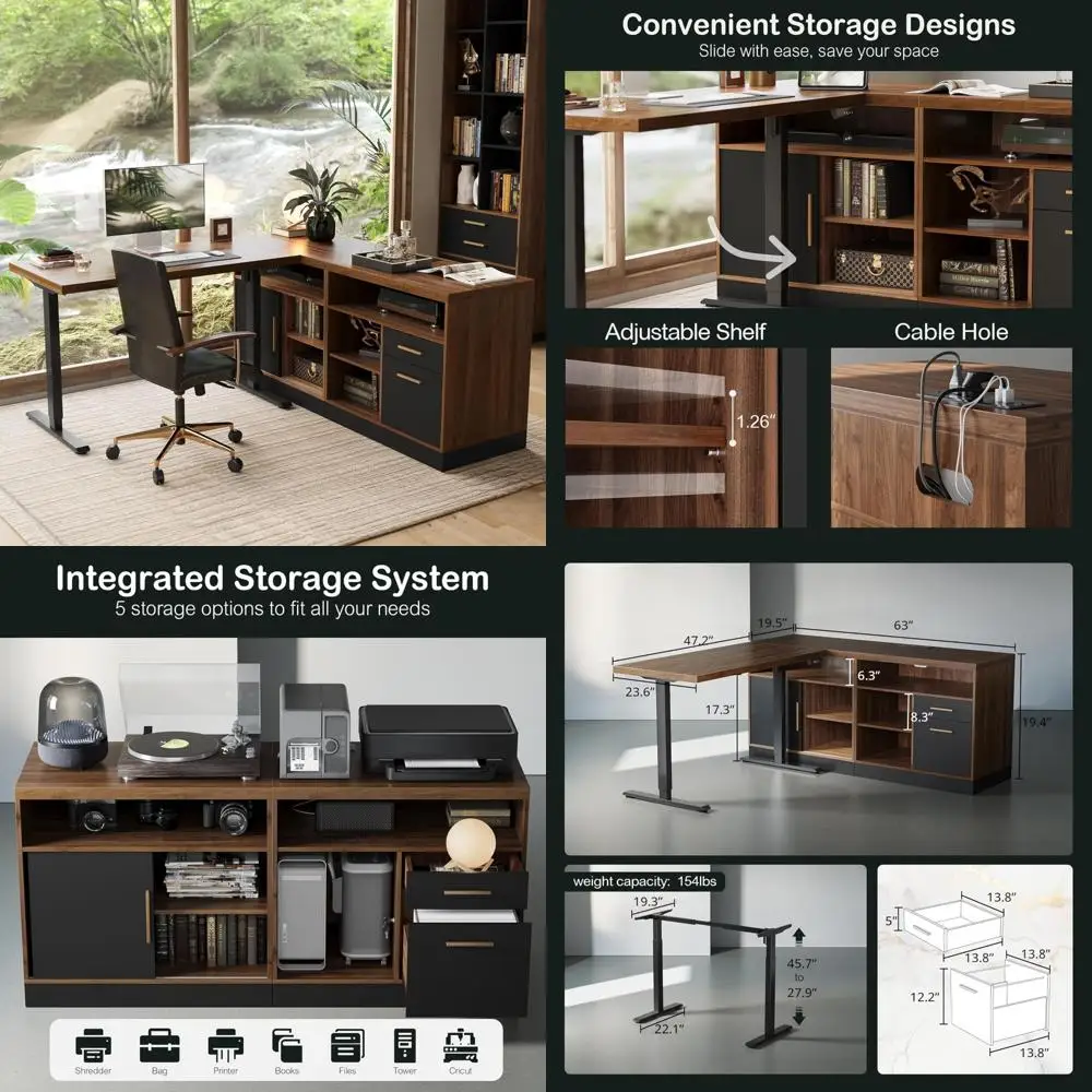 

L-образный электрический регулируемый стол с 2 шкафами для хранения, розетками переменного/USB и рабочей поверхностью толщиной 1,18 дюйма