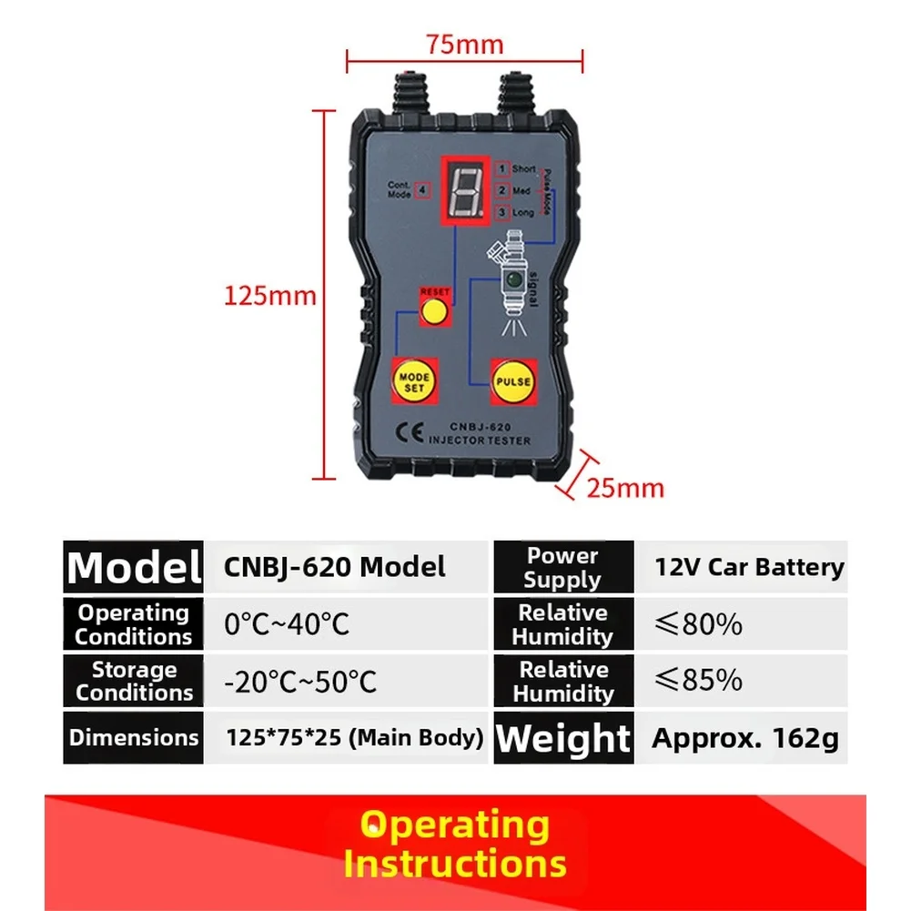 12V Car Fuel Injector Diagnostic Tool for 620 Type Injectors Featuring 4 for pulse Settings Single Short Long Continuous