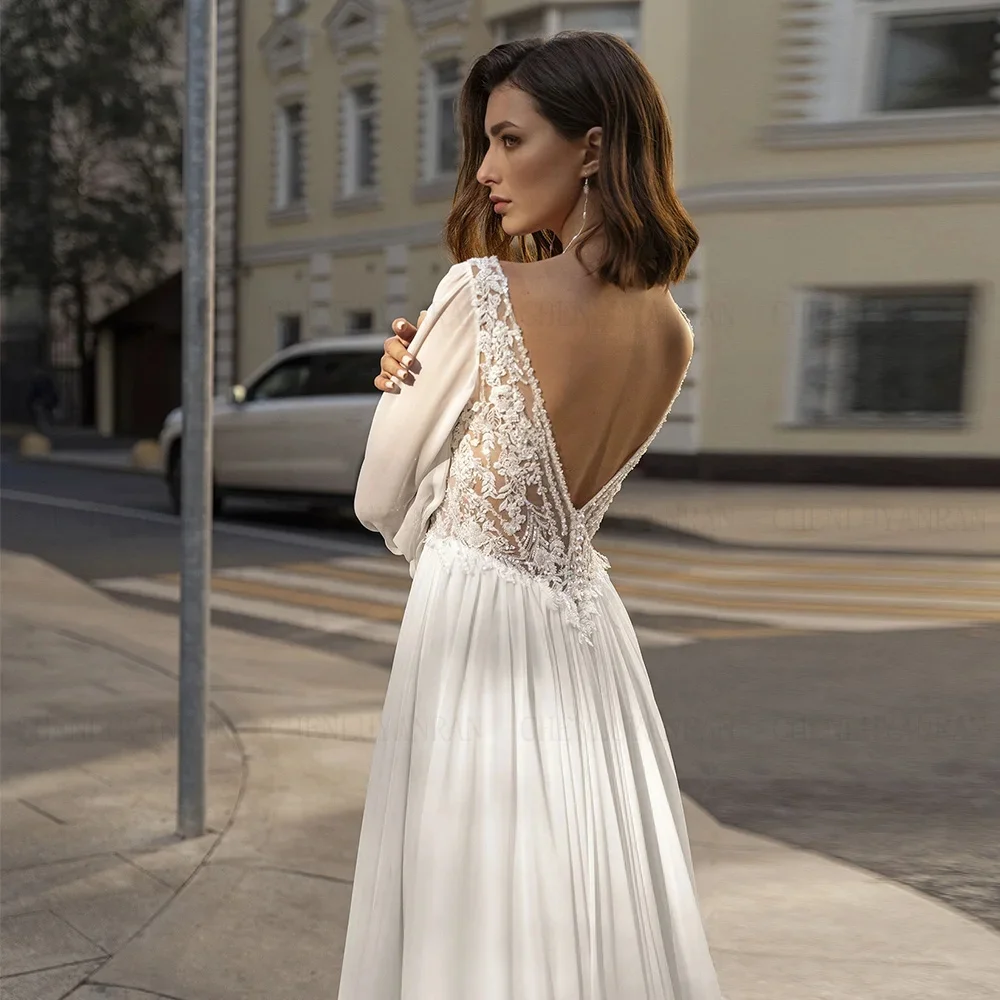Soft Chiffon Wedding Dress, V-Neck Long Sleeve A-Line Gown, Lace Applique Open Back Elegant Dress, Customizable.