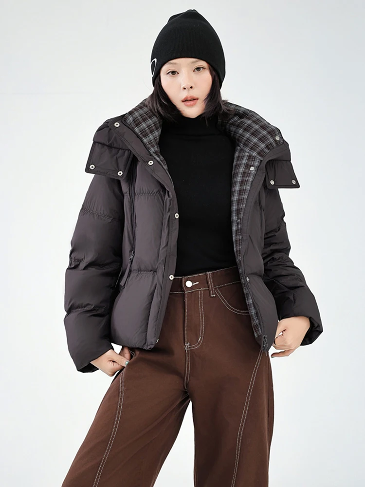 Winter Short Hooded Puff Warm Down Jacket Female Grid Splicing Thicken Zipper Jacket Women White Duck Down Fluffy Parker Outwear