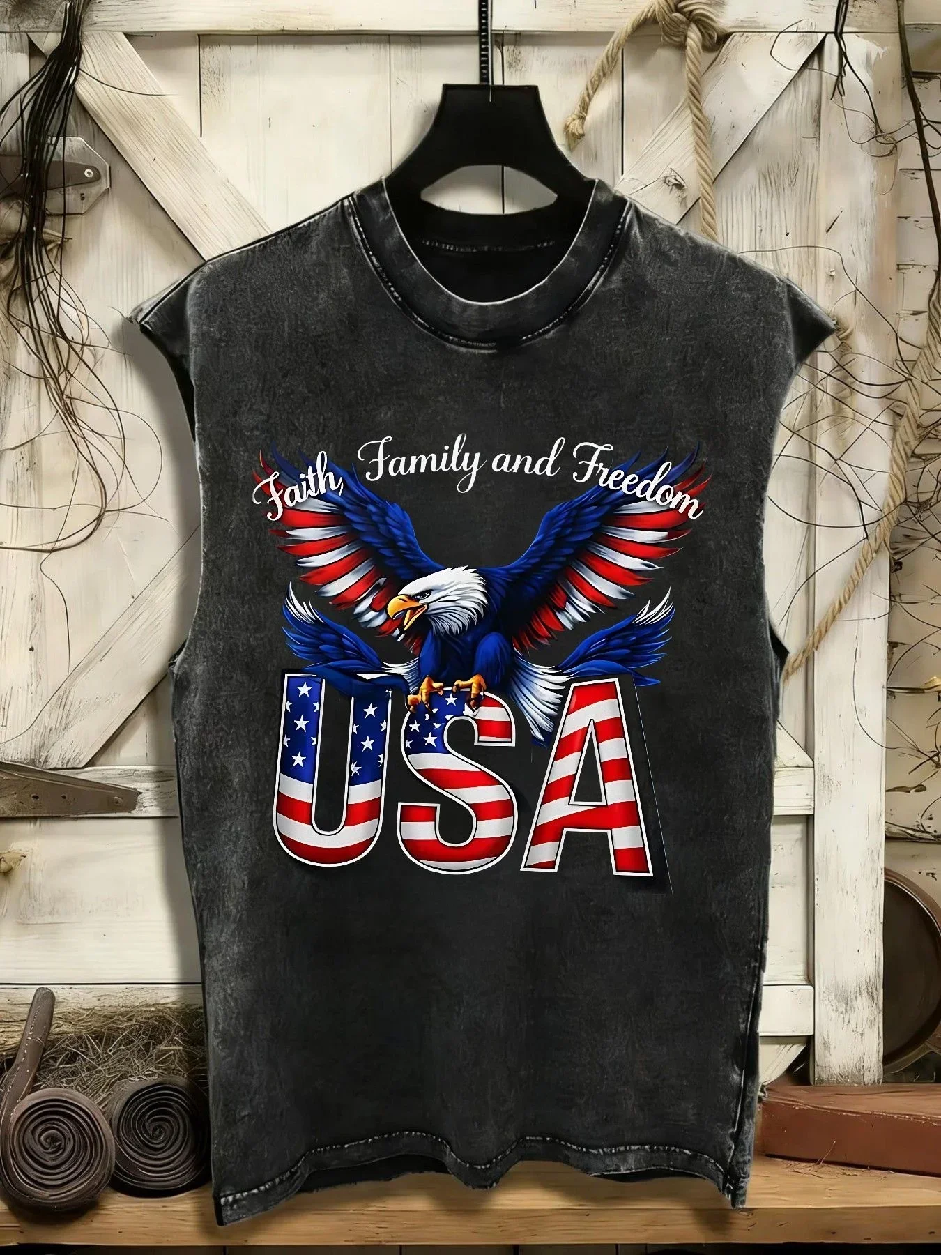 Customization 100% Pure Sleeveless T-Shirt, 210G Washed Tank Top, Featuring American Bald Eagle And 
