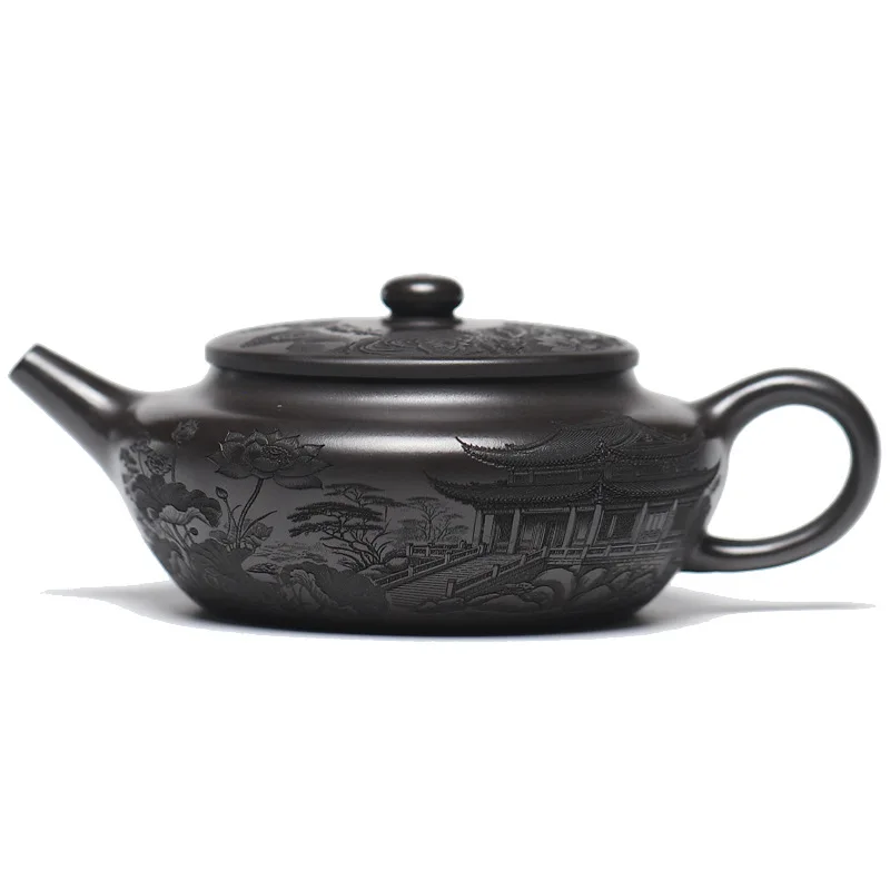Yixing Original Stone Yellow Purple Clay Full Body Carving Harmony Flat Morning Brewing Teapot Lid Internal Engraving Large