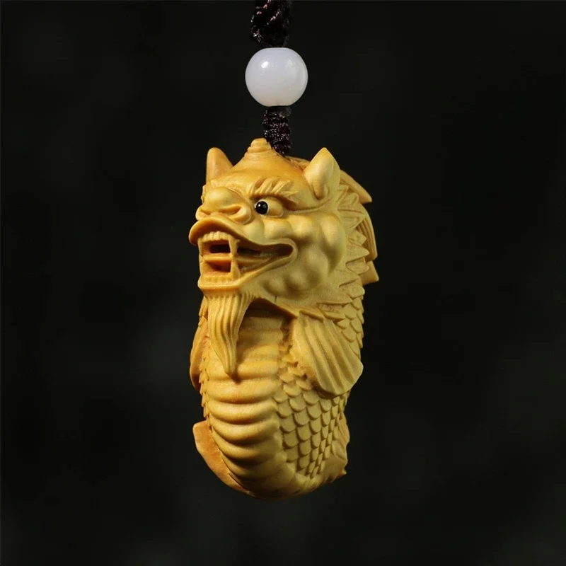 Boxwood 5CM Dragon Fish Animal God Pendant Solid Wood Car Hanging Lucky Wood Statue Mythical Animal Sculpture Home Decor