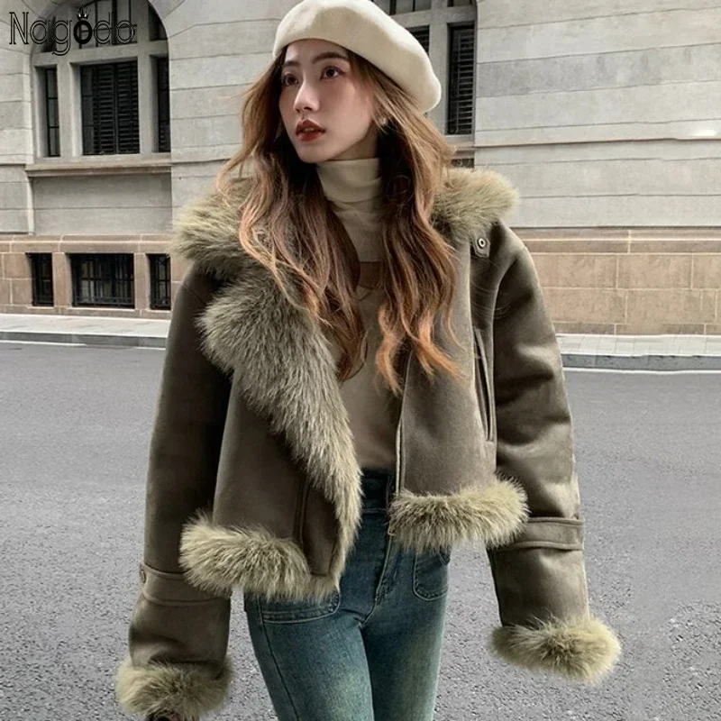 

Winter Coat Women Faux Deerskin Leather Fur Jacket Fashion Streetwear Lapel Short Motorcycle Biker Coats Outwear Mujer Tops