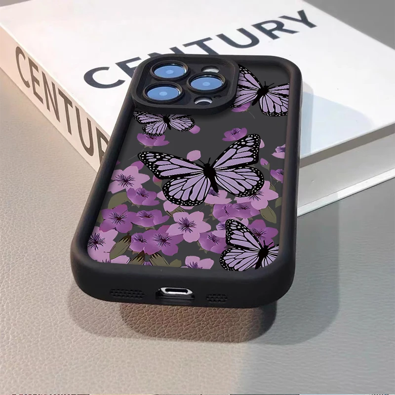 Funda de telefone artística con mariposa morada para iPhone 16 15 14 13 12 11 SE Plus Pro Max, capa macia de silicone à prova de choque
