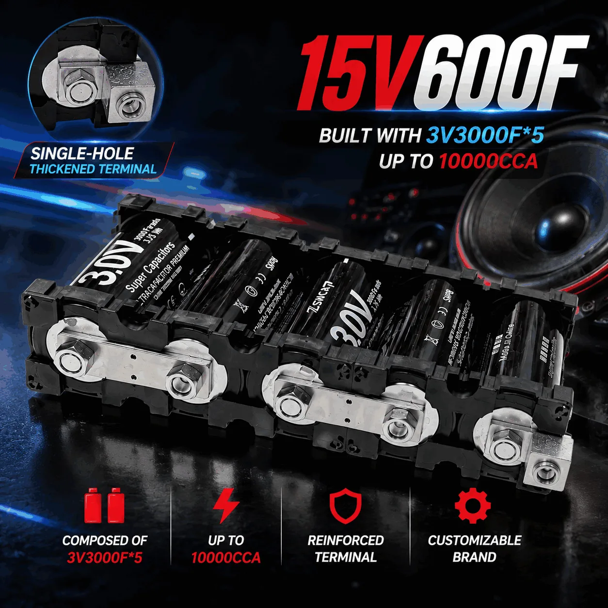 Módulo Ultra Capacitor 15V 600F 10000CCA |   Baixa ESR |   Ideal para Som Automotivo e Veículos 3V3000F